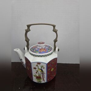 Vintage Elegant Floral Ceramic Teapot with Metal Handle. Made In Japan.